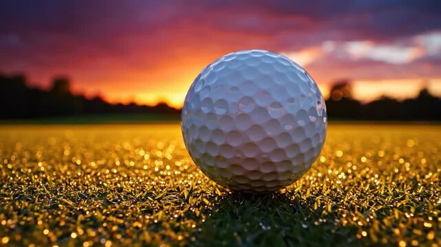 A golf ball rests on the green, illuminated by the warm glow of the setting sun, creating a serene and picturesque scene