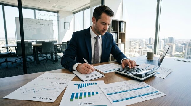 Professional entrepreneur conducting a detailed financial analysis using a calculator and paper charts.