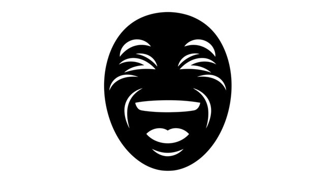 A black and white image of a comedy mask