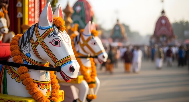 Decorated wooden horses of the Jagannath Rath Yatra chariot in Puri Odisha during the grand Hindu festival procession.