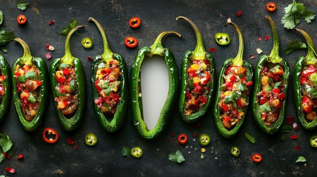 Stuffed poblano peppers with colorful filling and sliced peppers on dark background