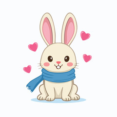Obraz premium Cute Cartoon Rabbit Wearing a Blue Scarf with Hearts