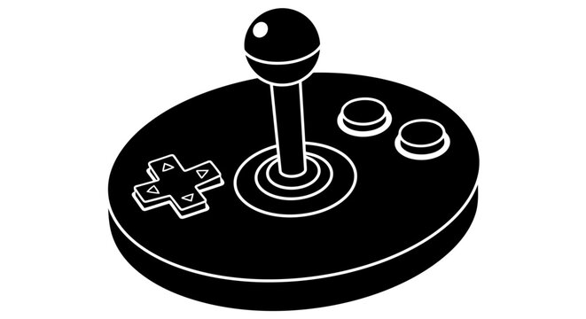 A black and white drawing of a classic arcade game controller