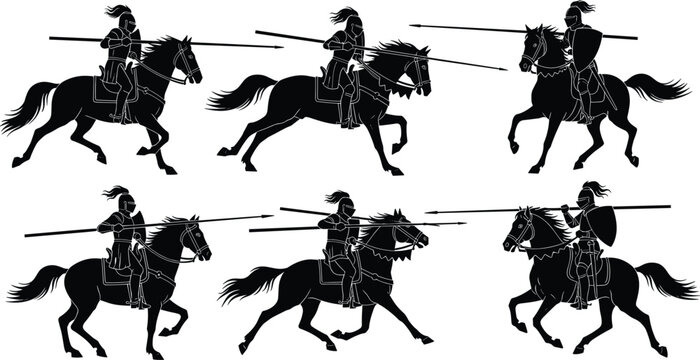 Medieval knights on horseback silhouette set, jousting cavalry with lances in combat, historical warrior charging on horse, black vector icons, war.