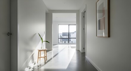Fototapeta premium Minimalist hallway interior features a sunlight filled corridor space.