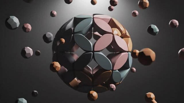 Abstract animation of geometric polyhedrons assembling into a sphere in dark lighting, suitable for science, engineering, and technology concepts.