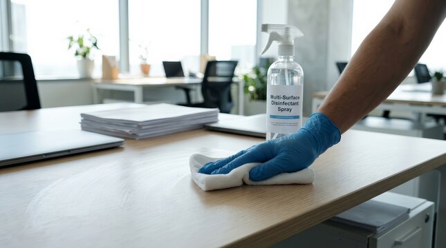 Person wearing protective gloves wiping an office table with disinfectant wipes.