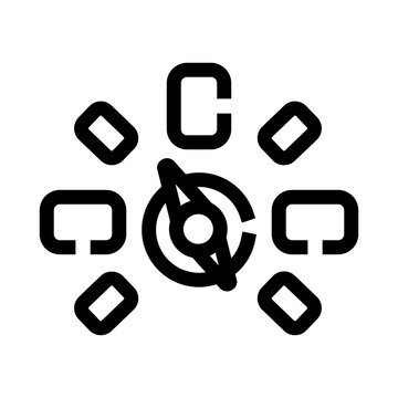 Vision testing icon showing a central compass surrounded by landolt c rings, symbolizing ophthalmology, visual acuity testing, eye care, optometry, and diagnostic examination tools