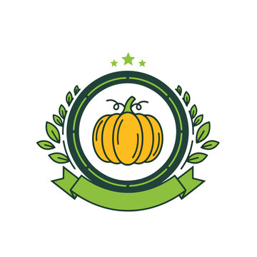 Pumpkin emblem logo with green laurel leaves and ribbon.