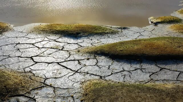 Cracked Earth and Greenery: An abstract view of parched earth, intricately cracked with patches of resilient green plants, showcasing nature's tenacity.