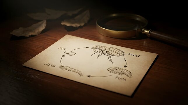 Flea life cycle diagram illustration showing egg larva pupa and adult stages on paper