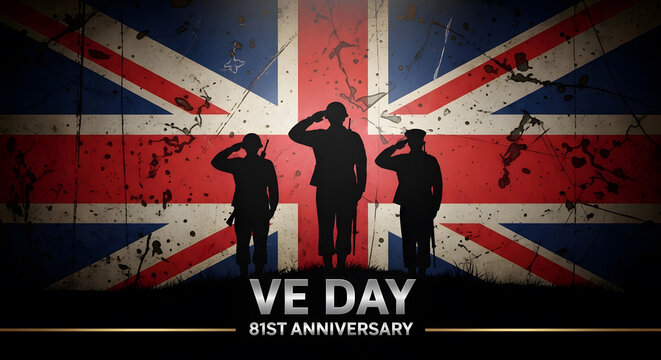 VE Day soldiers silhouette design. British Union Jack grunge background. WWII victory remembrance patriotic concept. Dark dramatic vector illustration