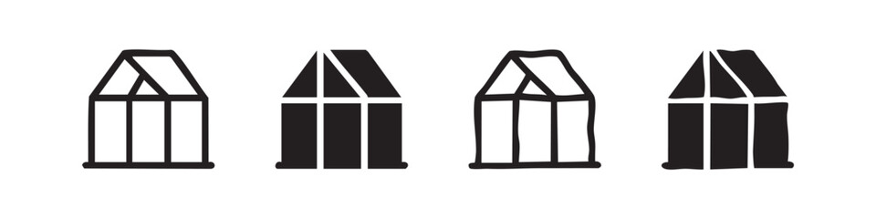 Greenhouse icons: outline, solid, outline with detail, and rough solid. © liubomir118809
