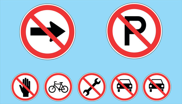 Set of Prohibited Action Traffic Signs Including No Parking, No Cycling, and No Right Turn for Road Safety and Transport GraphicsSet of Prohibited Action Traffic Signs Including No Parking, No Cycling