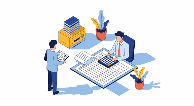 Professional business accounting task showing male employees managing financial data reports with calculator and document records