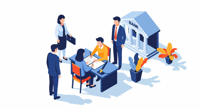 Bank loan contract signing by business partners with professional staff and legal paper documents isometric view