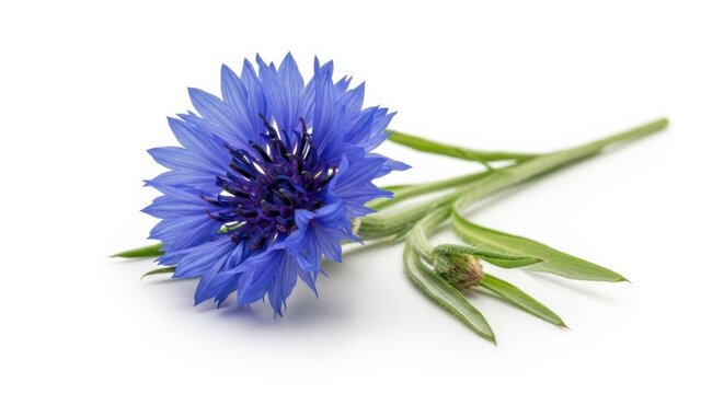 Isolated Blue Cornflower with Stem and Bud