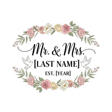 Elegant wedding monogram frame with watercolor floral wreath design