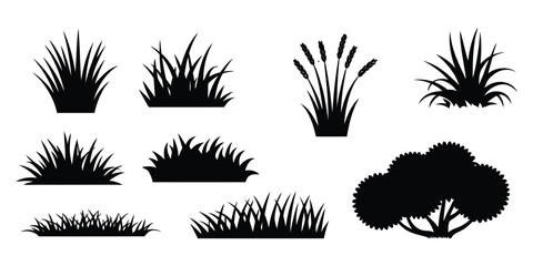Black silhouette grass clumps and bush on white background © MDSHAHIN