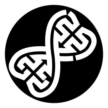 Abstract double helix symbol featuring arrows twisting and turning, depicting interconnectedness, complexity, and directional flow, suitable for representing science, technology, and life concepts