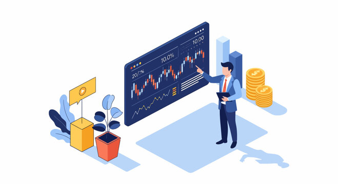Professional businessman analyzing stock market data charts and financial indicators on digital screen for global investment strategy and profitable trading market growth