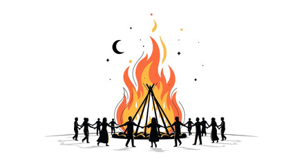 Naklejka premium People dancing in a circle around a bonfire at night.