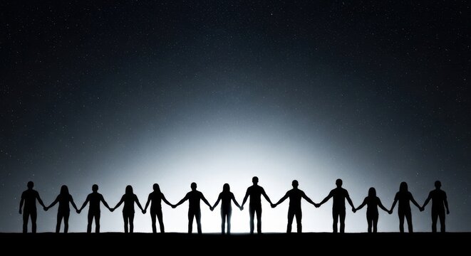 Silhouetted people holding hands in a unified line against a starry sky