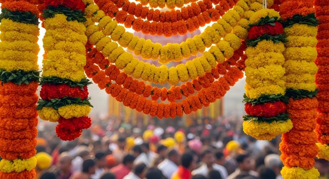 Decorative marigold flower garlands at Jagannath Rath Yatra in Puri India during the sacred chariot festival.