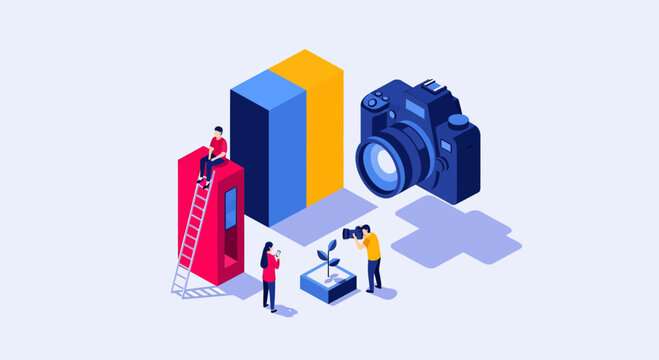 Small people take photos of plant near big camera in isometric nature photography hobby art design