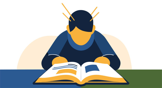 Mental Effort: An illustration depicts an individual engrossed in reading, their mind actively engaged in absorbing information and the strain of concentration.