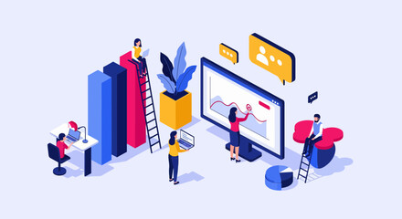 Fototapeta premium Isometric business team analyzing social media data and marketing strategy on a digital dashboard monitor