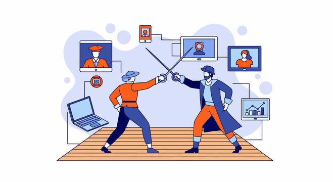 Two men act a sword fight on stage in one web digital remote art show