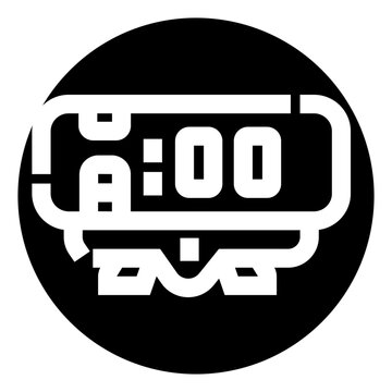 Digital alarm clock icon displaying 8,00 am, minimalist black and white glyph representing time management, scheduling, wake up routine, punctuality and deadline reminders