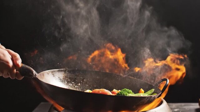 A chef prepares a delicious meal with fresh vegetables in a wok over an open flame, creating a culinary masterpiece with steam