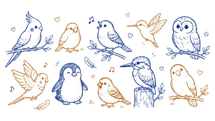 Fototapeta premium Hand drawn set of various cute birds in doodle style.