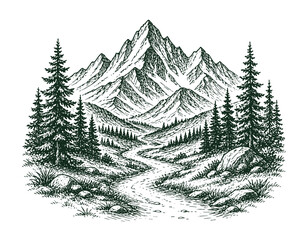 Fototapeta premium Majestic Mountain Landscape with Winding Path and Pine Trees Hand Drawn Sketch.