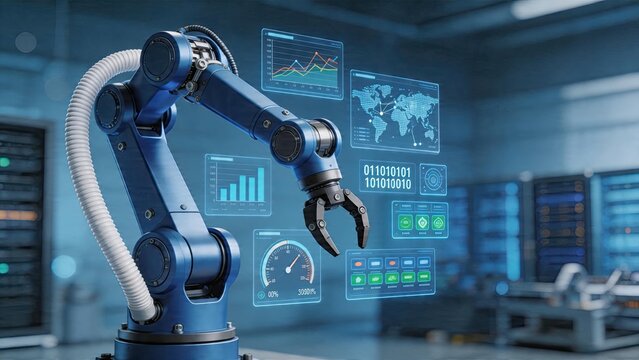 Blue industrial robotic arm operating in automated factory with holographic data interface digital transformation artificial intelligence automation