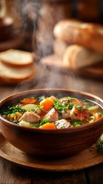 Hot meat and vegetable soup in wooden bowl with fresh bread on rustic table. Bowl of hearty soup made with turkey, vegetables, and herbs, steam rising. concept of homemade comfort food