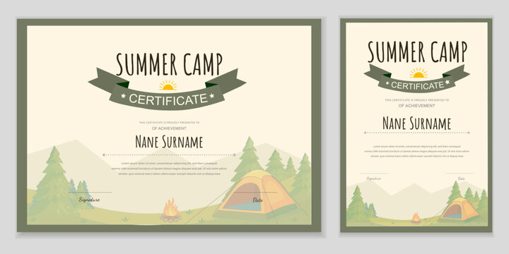 Summer camp certificate template with an illustration of a tent, mountains, and forest. Vector set of horizontal and vertical layouts in flat style. Diploma for children and scouts for achievements.