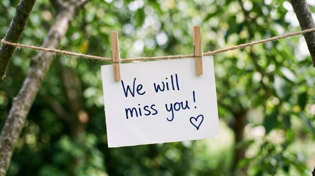 A heartfelt farewell message written on white paper hanging from a rope.