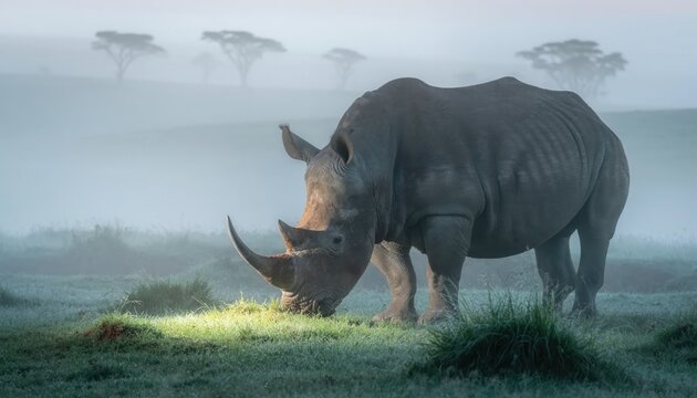 Majestic rhinoceros grazing peacefully in a misty African savanna at dawn