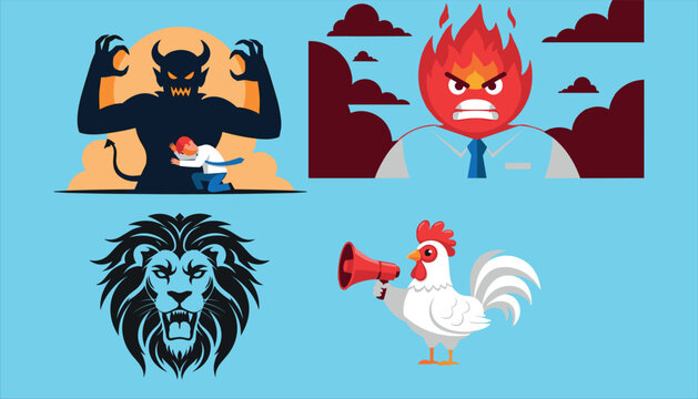 Illustration Set Featuring Angry Devil, Fiery Businessman, Roaring Lion, and Megaphone Rooster for Emotions, Animals, and Symbolic DesignsIllustration Set Featuring Angry Devil, Fiery Businessman, Roa