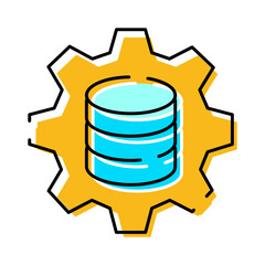 Data storage cylinders positioned within a cogwheel, symbolizing database management, information processing, and technology settings for data organization © vectorwin