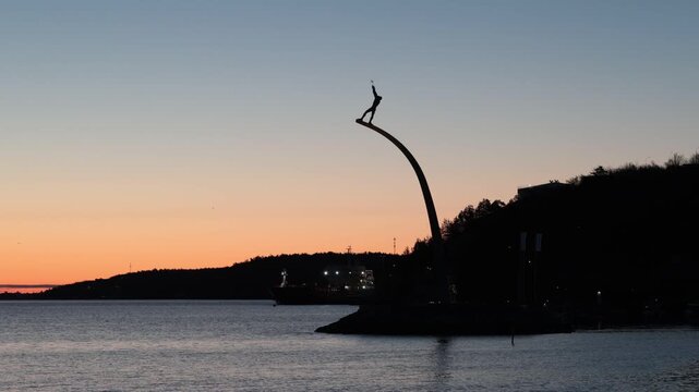 Stockholm, Sweden The God our Father on the Rainbow statue in the Nacka Strand district by Carl Milles from 1995. 