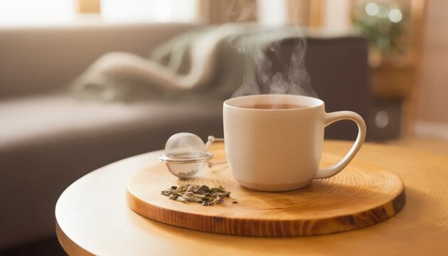 Warm cup of steaming tea on a wooden tray with tea leaves and infuser, creating a cozy home atmosphere for relaxation.