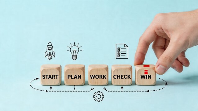 Business management strategy PDCA cycle concept hand turning wooden blocks with start plan work check win text process improvement flowchart for corporate workflow optimization