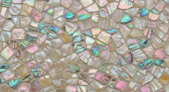 Iridescent mother of pearl mosaic tiles abstract geometric pattern with abalone shell accents natural textured background for interior design