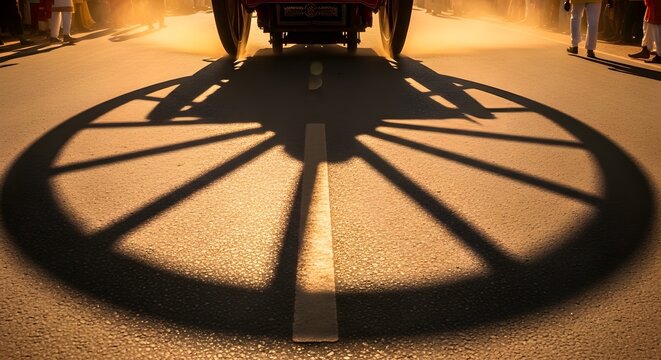 Dramatic shadow of a wooden chariot wheel on the road during Rath Yatra festival in Puri Odisha under golden sunlight.