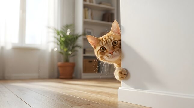 Curious ginger cat peeking around a corner into a sunlit room domestic animal