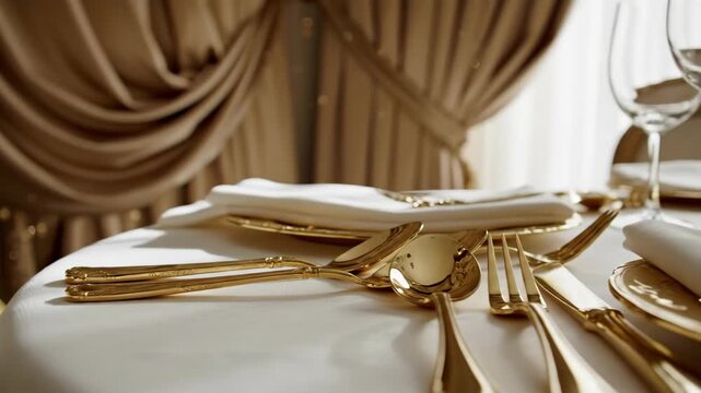 Elegant gold cutlery set on a white tablecloth, featuring reflective metallic utensils in a luxurious dining room setting with soft beige drapes.